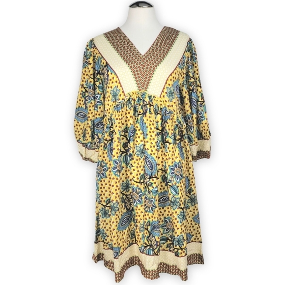 Boho Baybydoll Border Print Dress S - Picture 2 of 10
